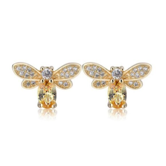 NEW 18K Gold Citrine Diamond Bee Stud Earrings - Picture 6 of 7